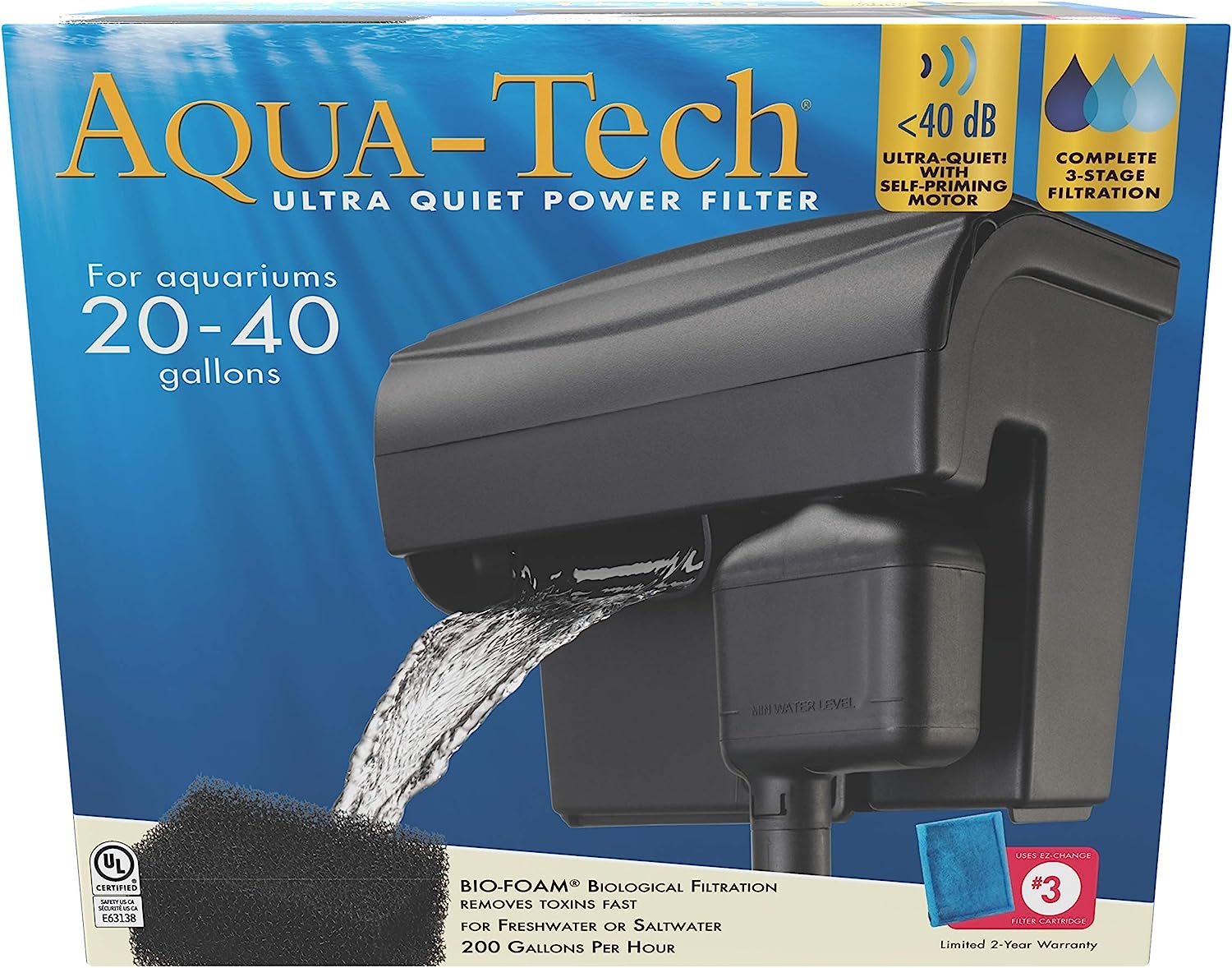 Aqua-Tech Ultra Quiet Power Filter: Ideal for 20-40 Gallon Aquariums.