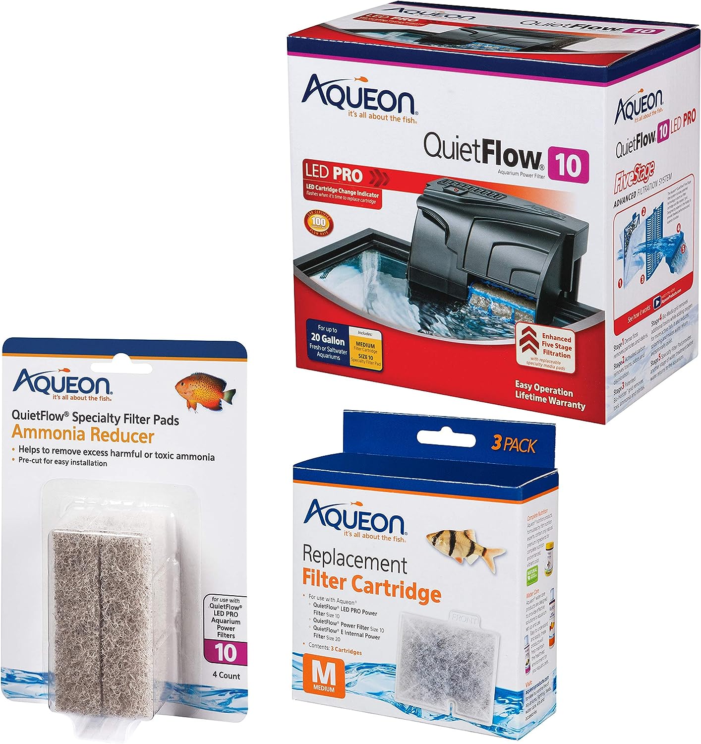 Aqueon QuietFlow 10 Filter Bundle: 4 Cartridges, 5 Pads, Water Conditioner (Up to 20 Gallon)