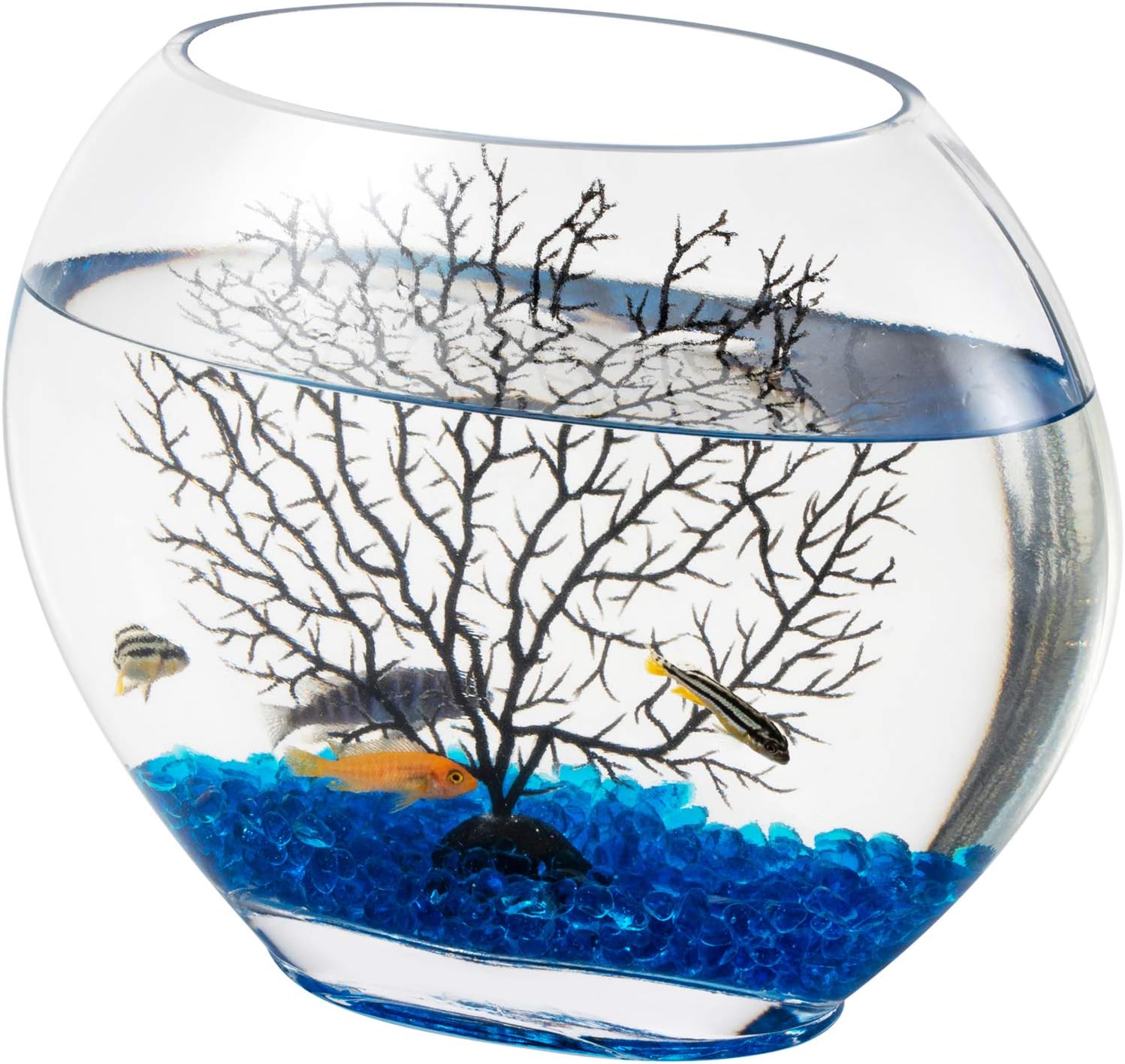 hygger Mini Glass Oblate Fish Bowl Kit with Blue Aquarium Decor Stones and Plastic Fan Branch Tree Ornament