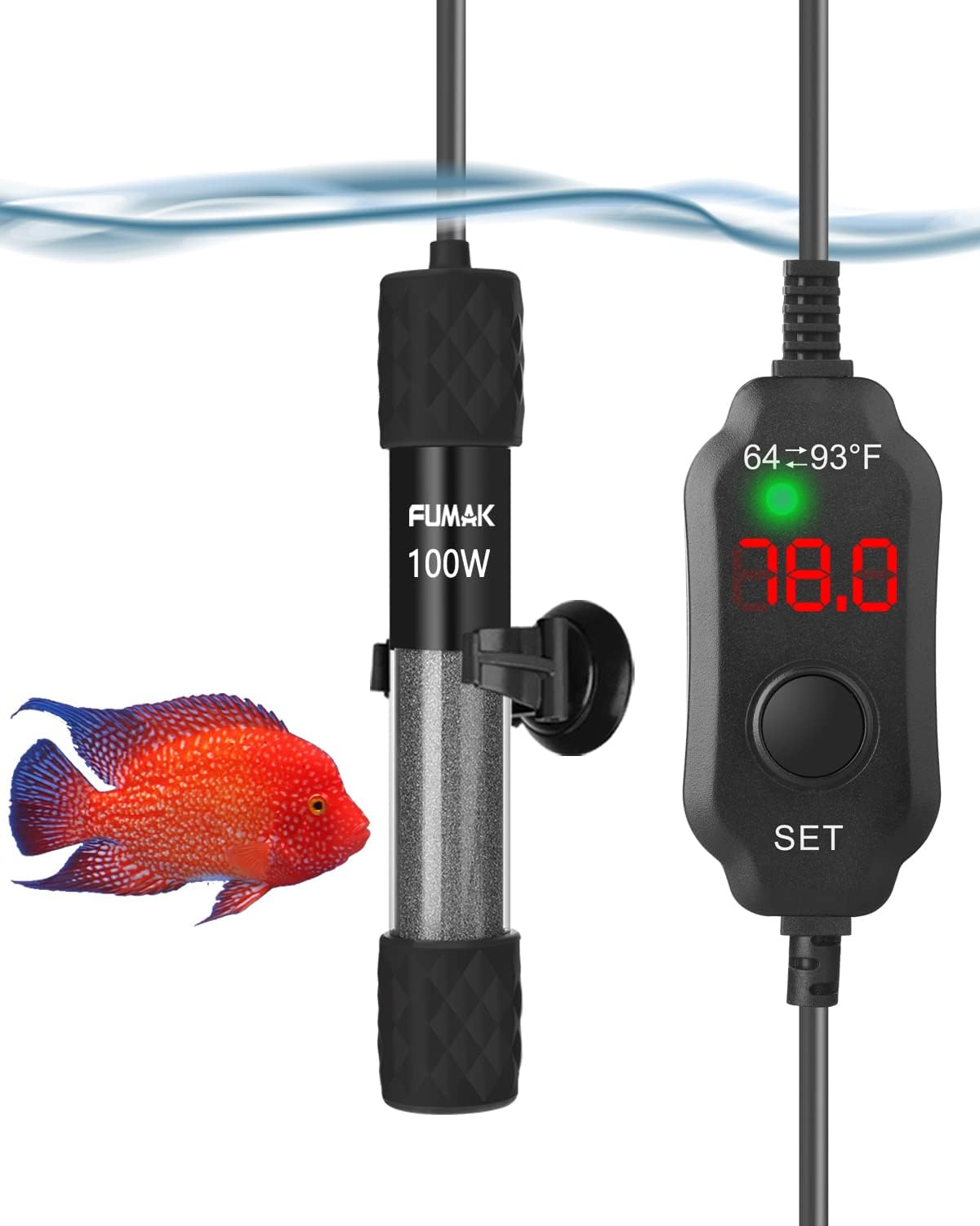 Kulife Fumak 100W Aquarium Heater: Adjustable, Submersible, LED Display, 10-20 Gallon Tanks