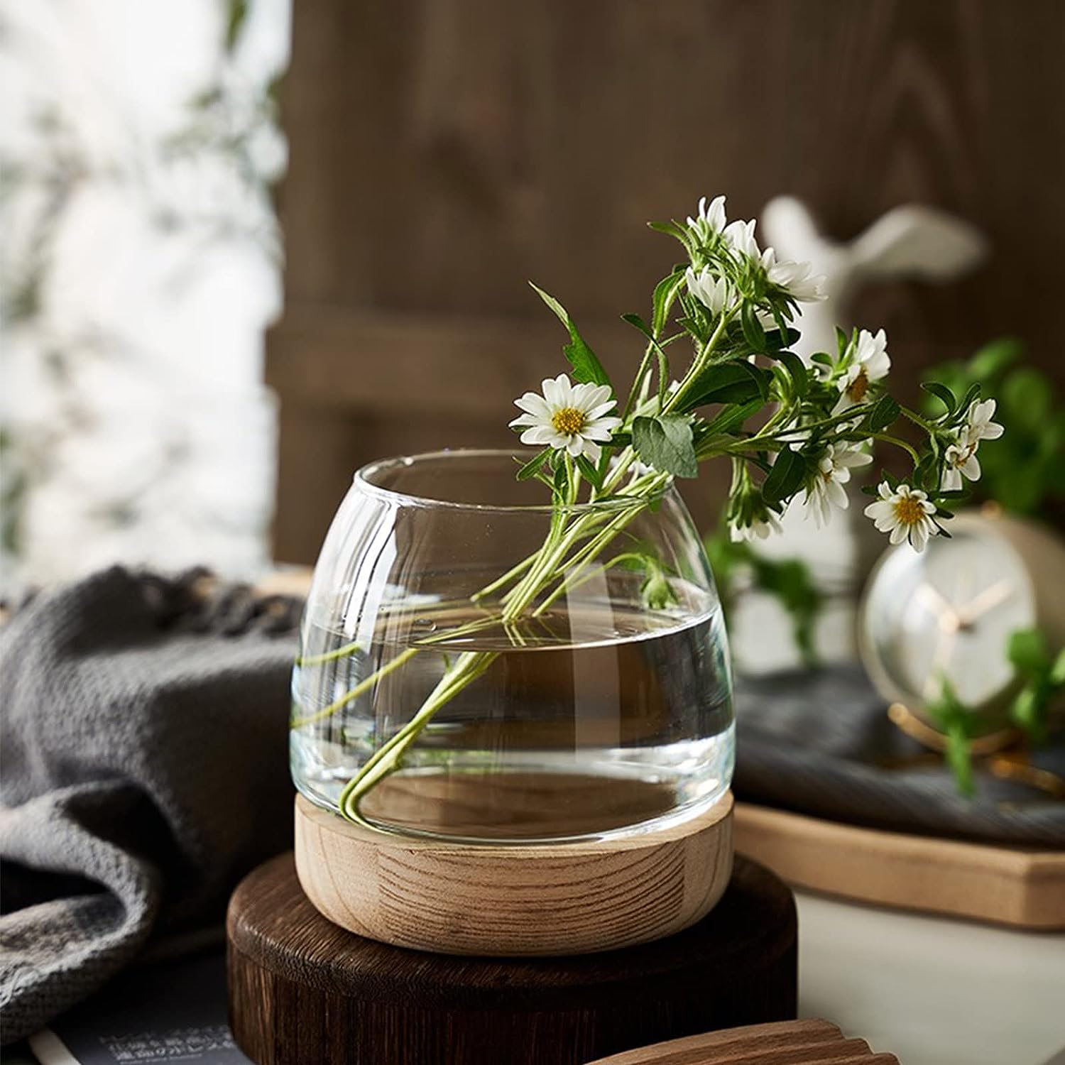 ZWMBYN Glass Fish Bowl Vase: Detachable Wood Base, Clear Round Bubble Bowl