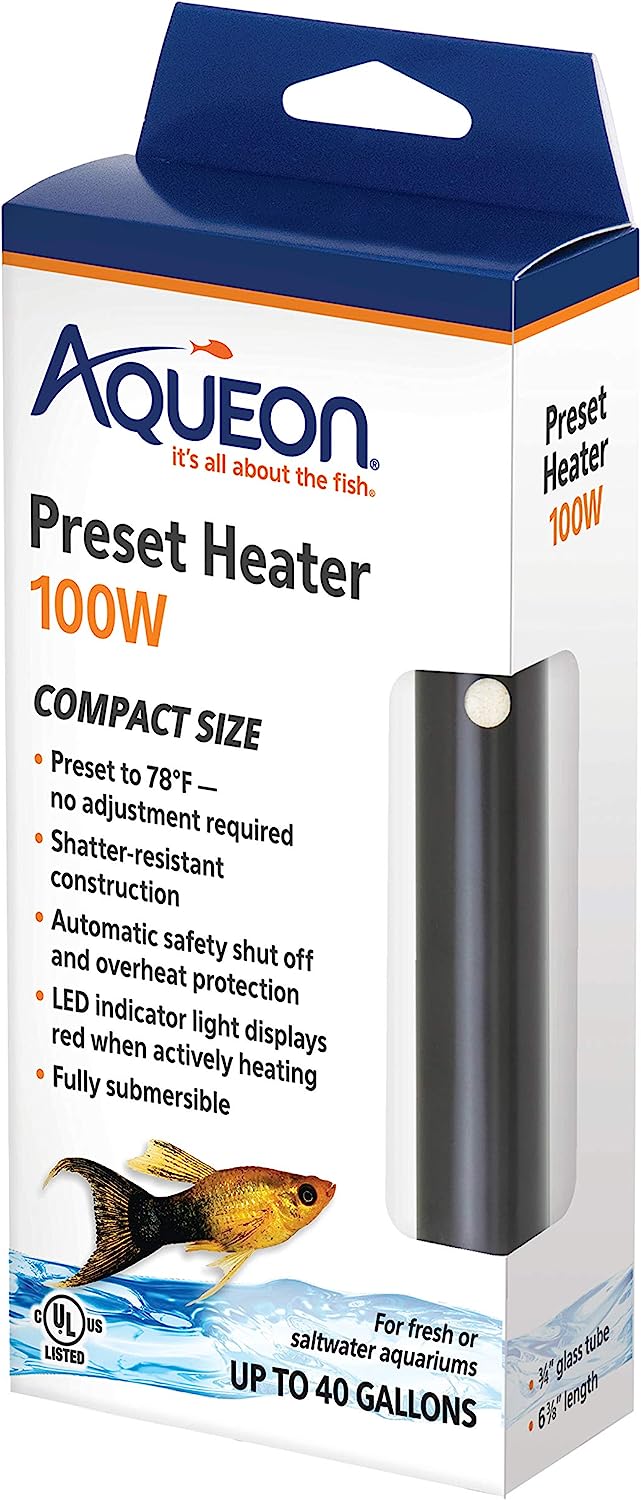 Aqueon Preset Heater: Ideal for 40 Gallon Fish Tanks, 100 Watts.