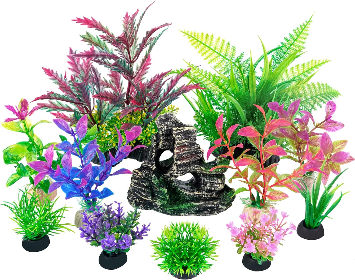 Ameliade Aquarium Decorations: Artificial Plants & Cave Rock Set