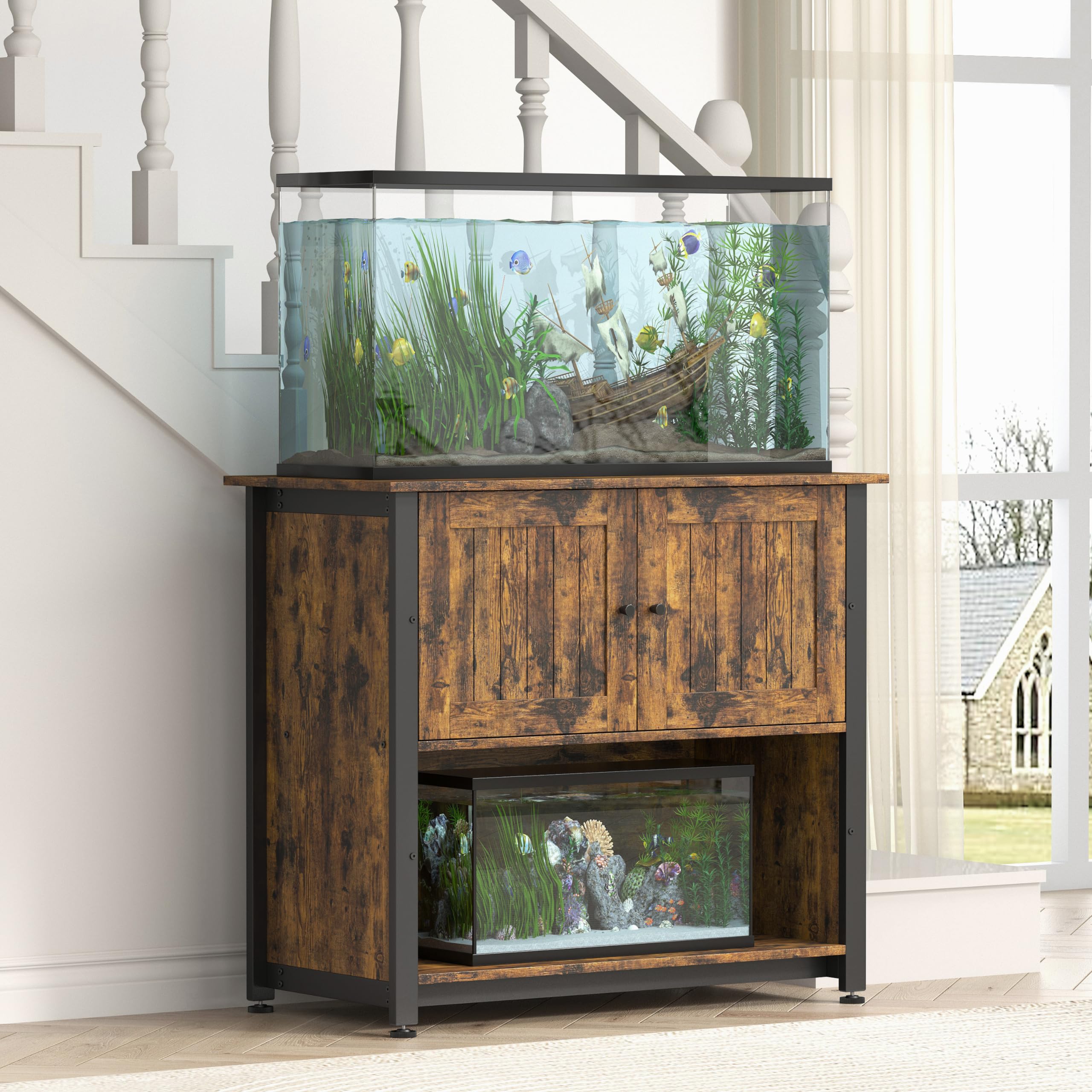 Tatub Metal Fish Tank Stand with Cabinet, Accommodates 2 Aquariums