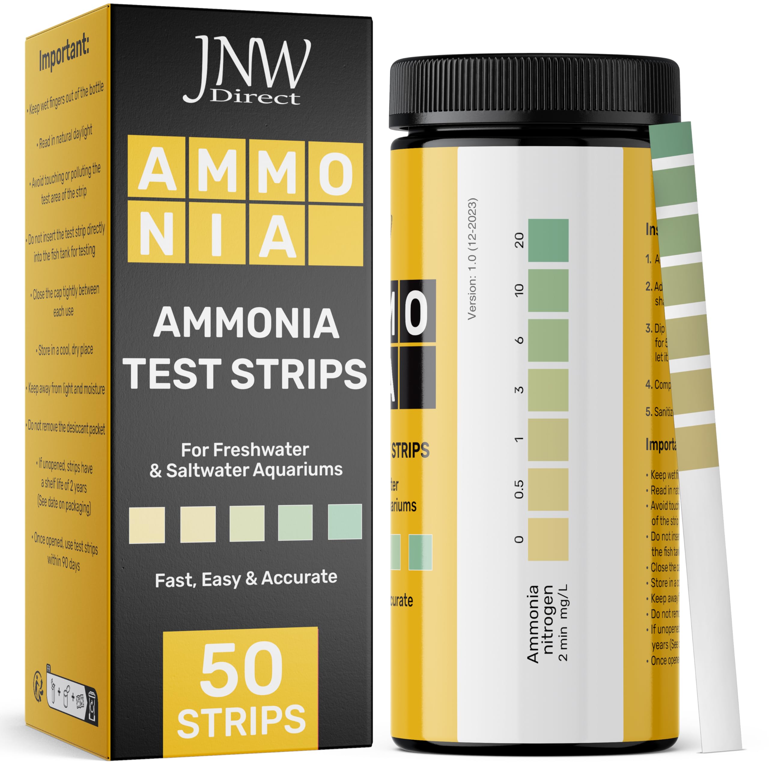 JNW Direct Fish Tank Ammonia Test Strips - Accurate 50 Strip Kit